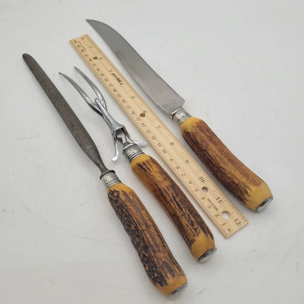 VTG DEXTER CARVING SET WITH STAG‎ STYLE HANDLES ~ Knife, Fork & Sharpening Steel